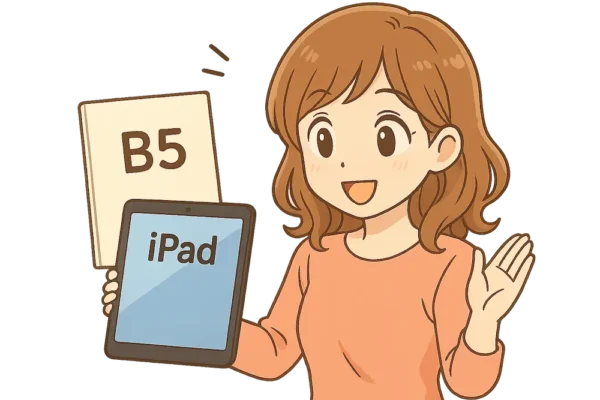 女の子がiPadを両手で持っている
片方の手でB5ノートと比べて「これくらいかな?」と比べている仕草