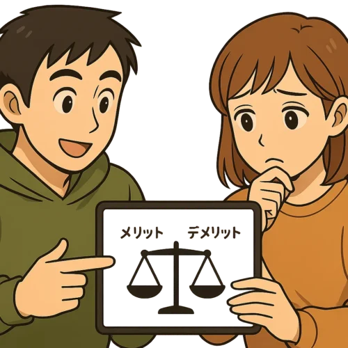 ▶ ひろとが天秤のイラストを示しながら、メリットとデメリットを説明しているシーン （陽菜は「うーん…」と悩んでいる）