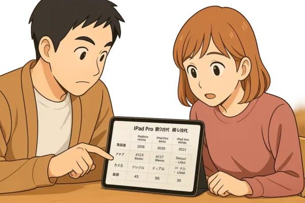 ひろとがApple公式の比較表を指さして、陽菜が「へぇ～」と画面をのぞき込んでいる場面。
→ iPadがテーブル上にあり、二人とも真剣な表情。