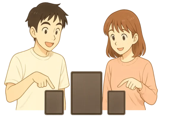 3台のiPad Pro(11/12.9/10.5)が並び、ひろと・陽菜が指差している