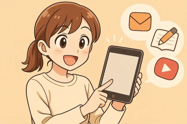 女の子がiPad第9世代を手に持ってニコニコしている
画面には「ホームボタン」が見えていて、指でタッチしている様子
iPadの上に「できること」のイラストがフワッと浮かんでいる