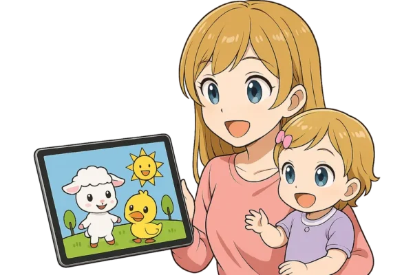 赤ちゃんとiPadで童謡を見るシーン（背景透過）