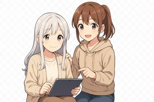 おばあちゃん（美少女キャラ風）が椅子に座ってiPadを膝に置きながらにっこり お孫さん（美少女キャラ風）がすぐ隣に立って、そっと手を肩に置いて見守る お互いに笑顔 表情は「ゆったりとした安心感」