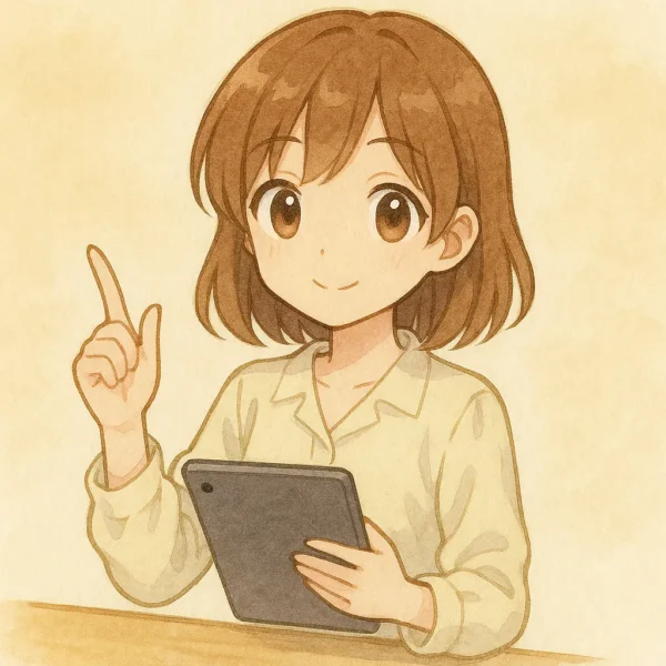 iPadを持って「説明するよ」という感じで指を立てている