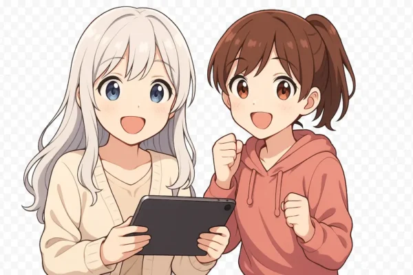 おばあちゃんがiPadを両手で持って笑顔、 お孫さんが横でガッツポーズ。