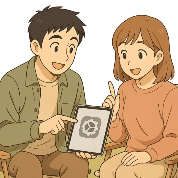 ひろとが陽菜にiPadを見せながら、操作方法を教えている 陽菜は「なるほど~」と相槌(指さし解説・笑顔)