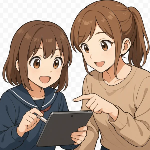 妹がiPadを手に持ち、英単語アプリを操作。 姉が肩を寄せて「こうやると覚えやすいよ」と教えている。