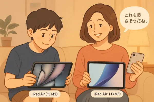 二人が並んで座り、弟はM2搭載のiPad Air(第6世代)を使っていて、姉は新しいM3モデルを使っている