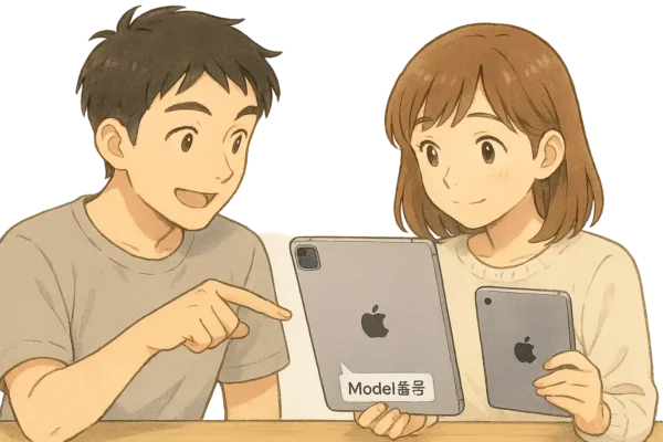 構図：ひろとが iPadの背面を指しながら「ここがモデル番号だよ」 と説明する仕草。  陽菜は「へえ、そうなんだ」と納得の表情。