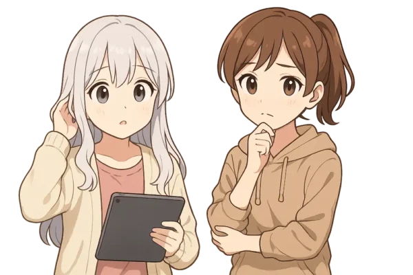 おばあちゃんが首をかしげて困っていて、 お孫さんが一生懸命考えているポーズ。