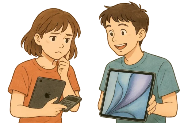 あかりが電卓とiPadを見比べて悩んでいる表情