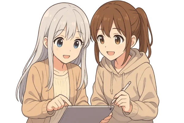 おばあちゃん（美少女風）がiPadをタッチし、 お孫さん（美少女風）がペンを持って横で笑顔。