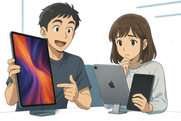 構図：ひろとが 13インチ iPad Pro（第7世代） を持ち、「画面が大きい！」と感心している表情。陽菜は11インチモデルを手にしながら「どっちがいいかな？」と悩む顔。