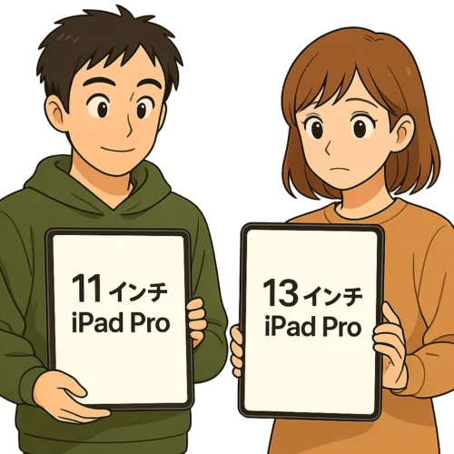 ▶ 二人がiPadを2台持ってサイズを比べているシーン
