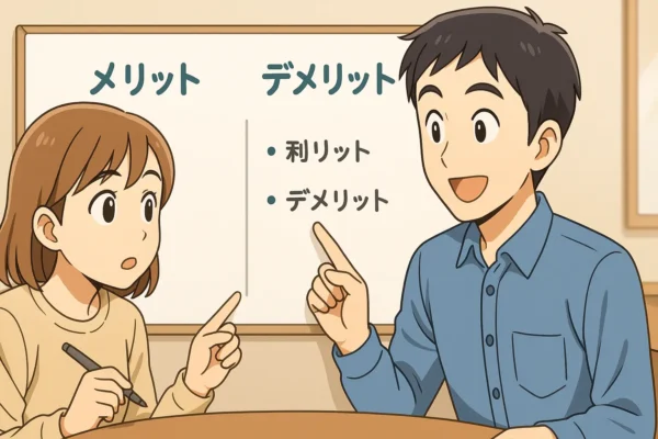 ひろとが「便利リスト」を指差す
陽菜が「デメリットリスト」を指差す