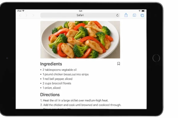iPadのSafariブラウザでレシピサイトを表示したスクリーンショット風画像。画面上部に料理の写真が表示され、その下に材料リストと手順が続きます。