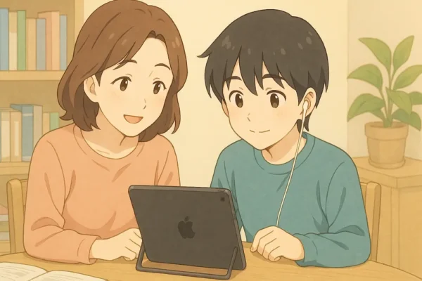 親子でテーブルに並んでiPadを横向きに置き、動画を楽しんでいる 子どもがイヤホンを片方だけつけている 背景に本棚や学習道具が見える