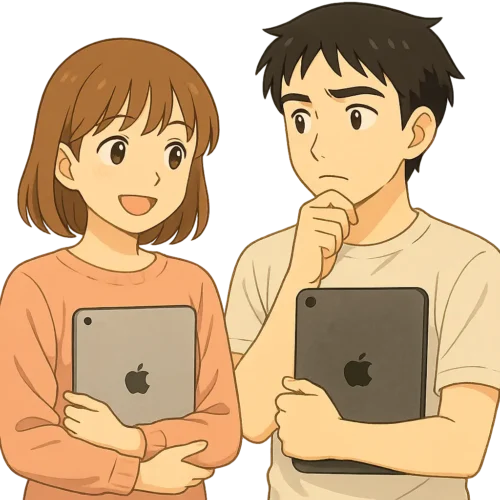 Airを手にニコニコの陽菜、Proを抱えながら考え込むひろと