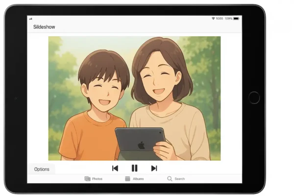 iPadの写真アプリでスライドショーモードのフォトアルバムを表示しているスクリーンショット風の画像。画面には大きな写真とナビゲーションコントロールが表示され、下部には「オプション」ボタンがあります。