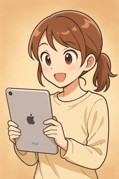 iPadを持って喜んでいる