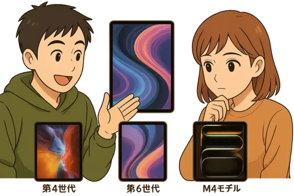 ▶ ひろとが世代ごとのiPadの画像を並べて陽菜に説明しているシーン
（ひろとが手振りで解説、陽菜は真剣に聞いている）