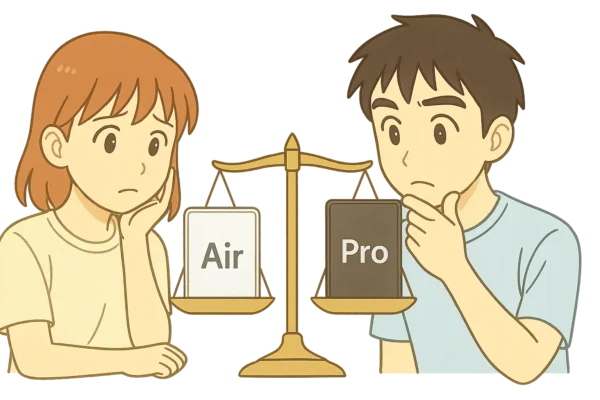 AirとProが天秤にかかっていて、2人が迷っている構図