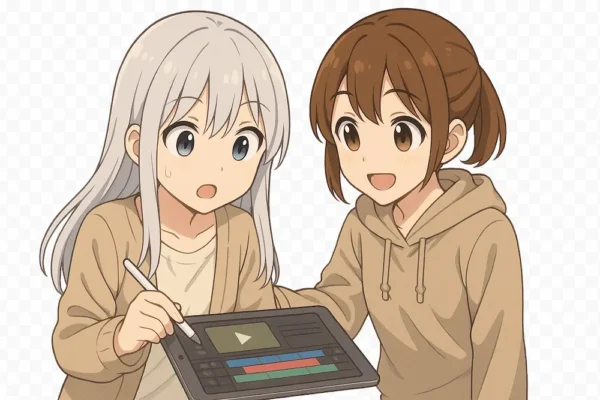 おばあちゃんがiPadで動画を編集しながらびっくりした顔、
お孫さんが肩に手を置いてサポート。