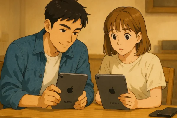 「陽菜がiPad miniを2台並べて見比べているシーン」
構図：机に2台置いて、陽菜が「どっちがどっちかな？」と覗き込んでる