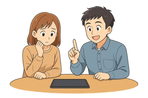 ひなが「うーん」と頭に手を当てて考え込む ひろとが「まあ、それなら買い替えてもいいかもね」とアドバイスしているポーズ。