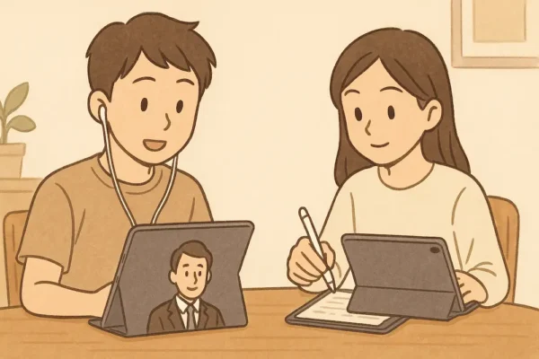 弟が会議用iPadを使ってオンライン通話、姉はノートアプリで勉強中