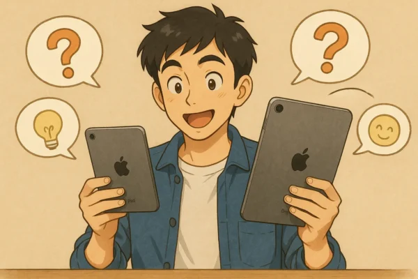 Q&A形式の吹き出し＋ひろとがminiとProを両手に持って比較