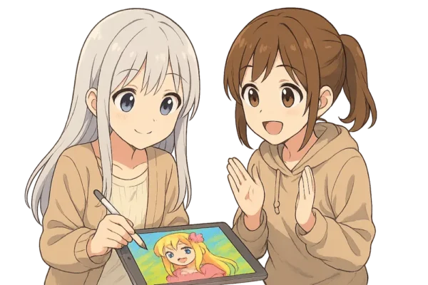 おばあちゃんがiPadにカラフルなお絵かきをしていて、
お孫さんが「上手だね」と拍手。