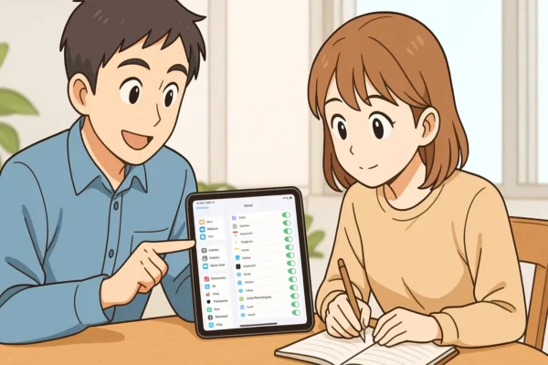 ひろとがiPadの設定画面（iCloud同期）を陽菜に見せて「こうすると便利だよ」と説明。 陽菜は「ふむふむ」とメモする。