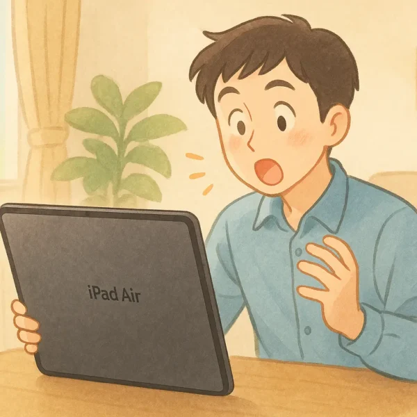 男の子がリビングで13インチのiPadを開いて驚いている(「画面でかっ!」みたいな表情)