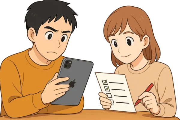 カフェのテーブルにiPadを置きながら、陽菜がスマホで調べ、ひろとが考え込んでいるシーン。 → 陽菜は片手にスマホ、ひろとは腕を組んでうなっている。
