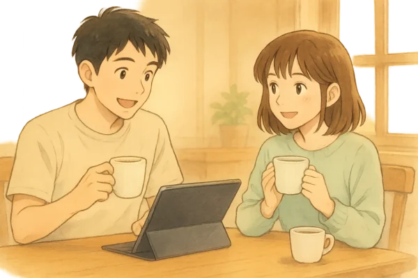 構図：カフェのテーブルでコーヒーカップを手にしながら、iPadを見て語り合う2人。 ひろとが「次はどれにしようか？」という表情で微笑み、陽菜が「まだ悩むね」と笑顔で頷いている。