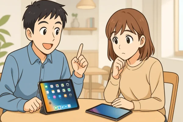陽菜がiPad1台を持って「うーん」と悩んでいる。
ひろとは横でスマイル。