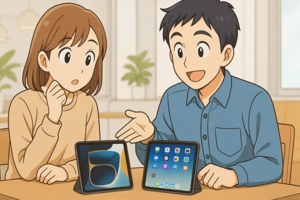 2人でiPadの比較サイトを見ている（机に並べた画面をのぞき込む）
「どれにしようか？」と迷っている表情。