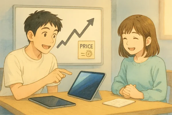 構図：ひろとが 価格グラフ（矢印が上下しているシンプルなグラフ） を指差しながら「中古は狙い目だね」と話している雰囲気。  陽菜は「確かに安くなってる」と笑顔で納得している様子。