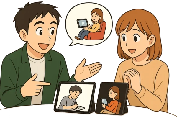 ひろとがイラストを描く人、動画編集をする人などの吹き出しを見せながら陽菜に説明している。 → 吹き出しの中に「イラスト描いてる人」「映画を観る人」など簡単なアイコン人物。