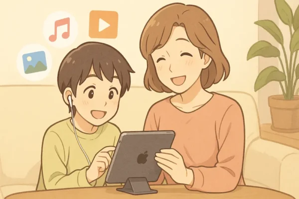 親子がソファに座り、iPadを囲んで笑顔
背景に「音楽・動画・写真」のアイコンがふわっと浮かんでいる