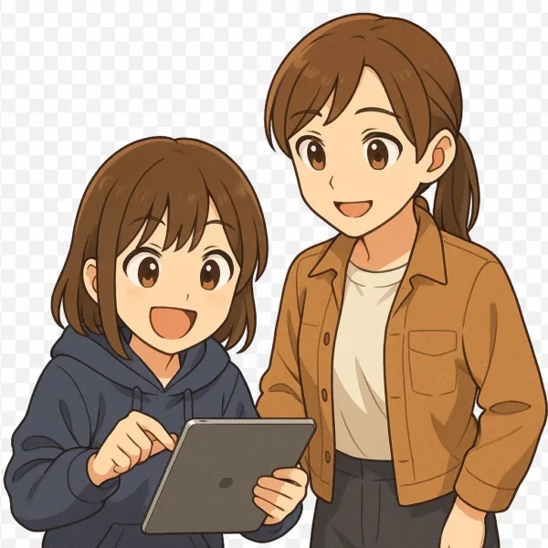 姉妹がiPadを一緒に持って笑顔で「できた！」という表情。
とてもハッピーでポジティブな雰囲気。