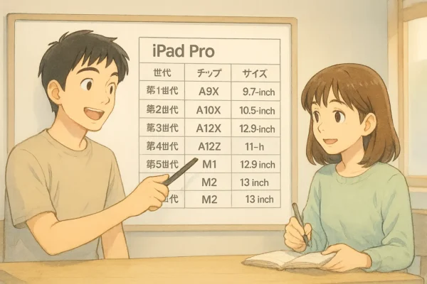 構図：大きなホワイトボード（またはスクリーン）に 歴代iPad Proの世代・チップ・サイズ比較表 が表示され、ひろとがペンで表を指し示している。陽菜は「なるほど！」と頷きながらノートをとる仕草。