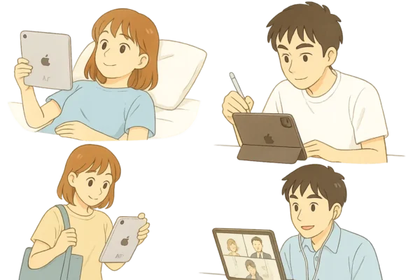 * 陽菜：寝転びながらiPadで動画視聴
* ひろと：デスクでApple Pencil使用中
* 陽菜：カバンにAirを入れて持ち歩き
* ひろと：Zoom会議に参加中（Pro）