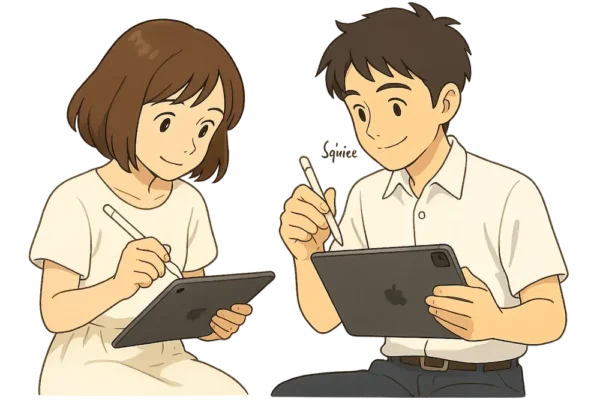 あかりがApple Pencil（第2世代）を使ってお絵描き そうたがApple Pencil Proでスクイーズ操作している場面