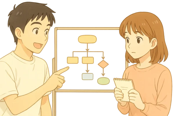 質問メモを手にする陽菜/フローチャートをホワイトボードで説明するひろと