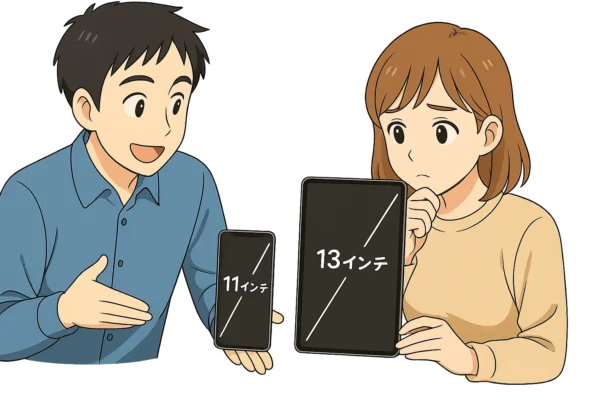 ひろとが11インチと13インチのiPadを並べて陽菜に見せている。 陽菜は「どっちがいいかな…」と考える表情。 iPadサイズ感の違いがわかるよう、画面にサイズを示す線や枠を軽く描写。