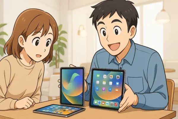 ひろとがテーブルにiPad2台を並べて見せている。
陽菜は「へぇ〜」と興味津々な顔で覗き込む。