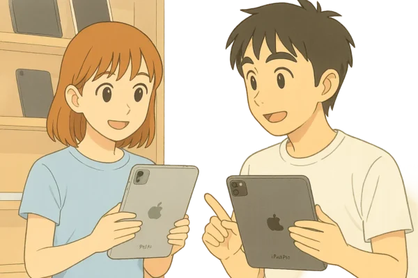 Apple Storeのような棚で、2人が13インチiPad AirとProを見比べている 陽菜がAirを手に持ち、ひろとはProの特徴を説明