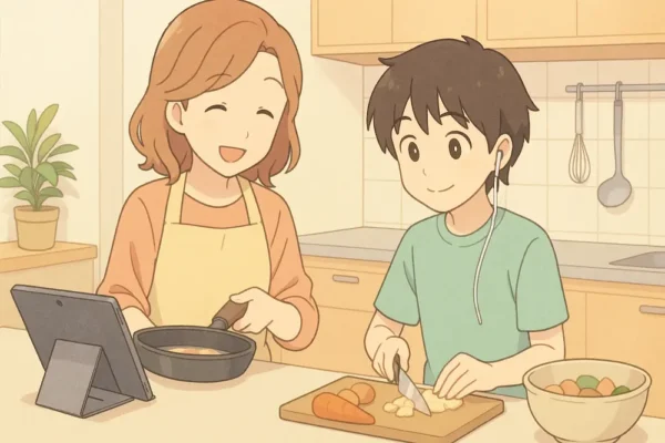 キッチンカウンターにiPadを置き、親子が一緒にレシピを見ながら料理中 お母さんがフライパンを持ち、子どもが材料を用意している